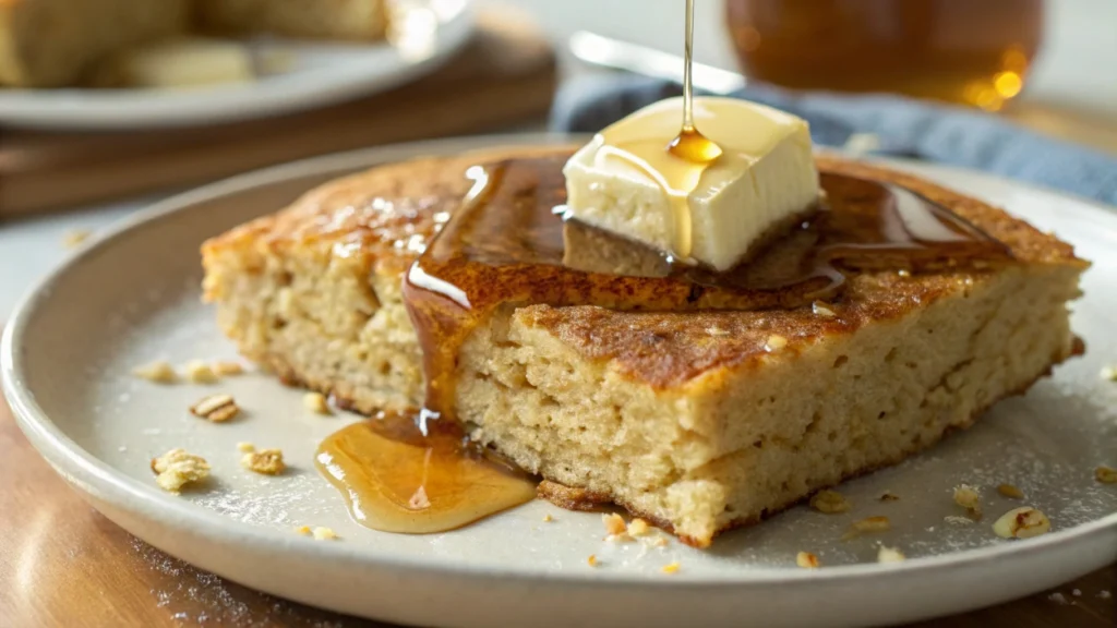 Close-up of a fluffy flapjack slice with melting butter and syrup dripping over the edge