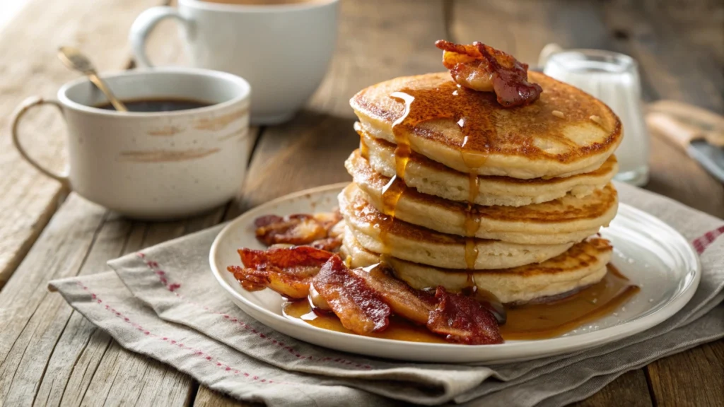 A stack of golden pancakes served with crispy bacon and syrup on a rustic wooden table