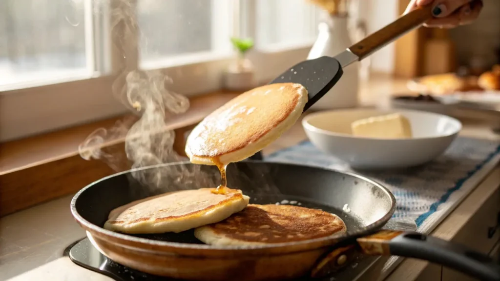 A pancake being flipped on a skillet with golden-brown edges and steam rising from the surface.