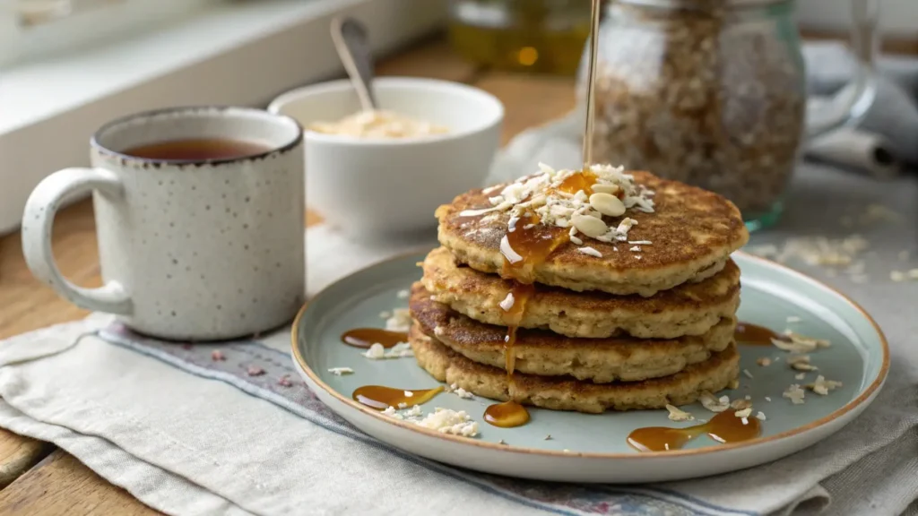 Plate of British flapjacks made with oats, topped with honey and coconut flakes, accompanied by a mug of tea.