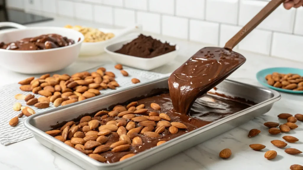 A close-up of roasted almonds being coated in melted chocolate on a tray, with a spatula spreading the thick, glossy chocolate.