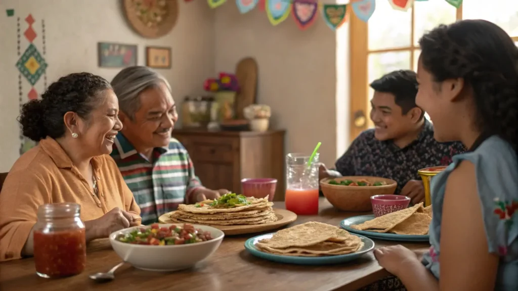 Family enjoying tacos de lengua during a Mexican celebration