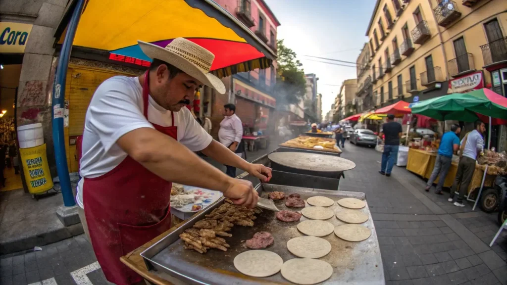 Street vendor preparing tacos de lengua in a vibrant Mexican market