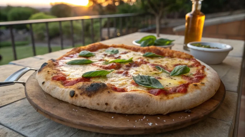 Three regional pizzas showcasing North American deep-dish, European crème fraîche, and Asian teriyaki chicken styles.