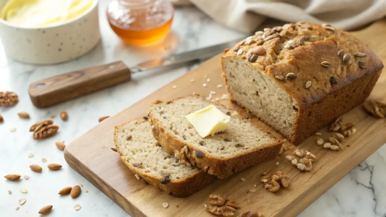 Golden wheatberry bread with melted butter on a rustic wooden cutting board