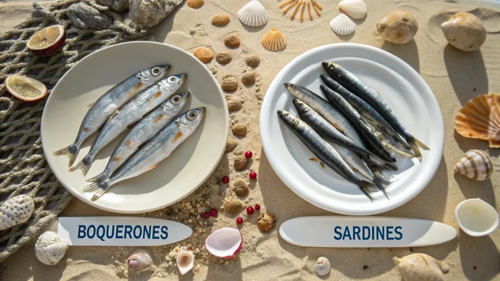 Side-by-side comparison of boquerones and sardines highlighting their differences in size, color, and texture