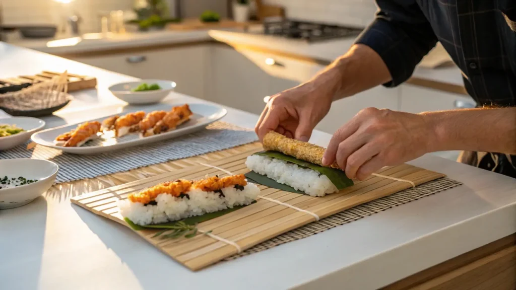 Close-up image of tempura batter alongside raw shrimp, sweet potato, and asparagus, ready to be fried into crispy tempura