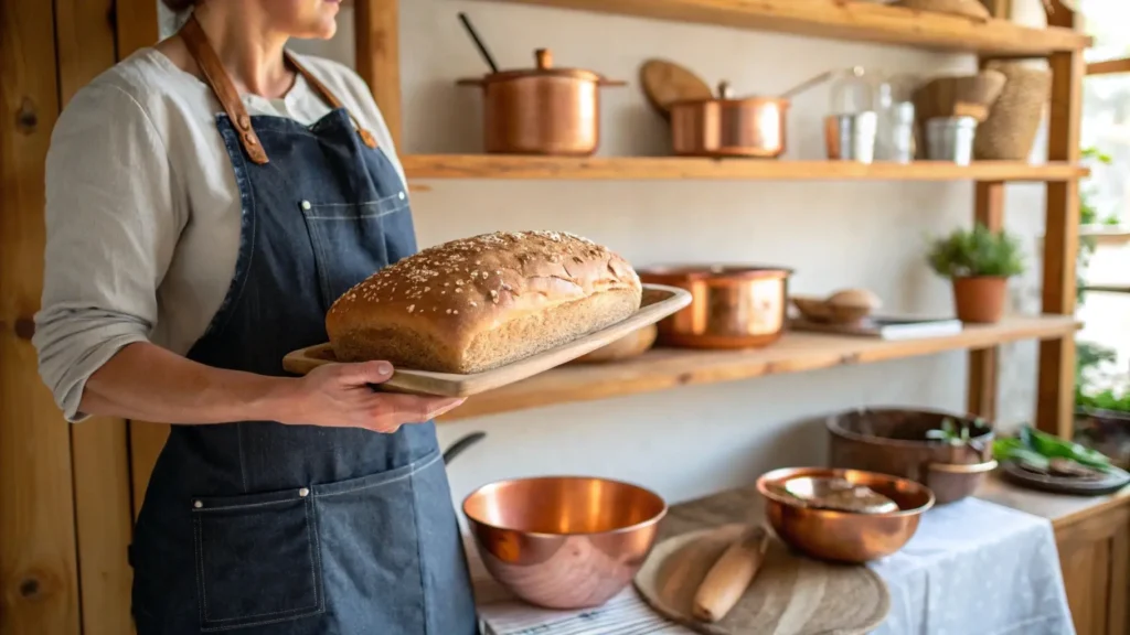 Baker holding a freshly baked loaf of wheatberry bread in a rustic kitchen