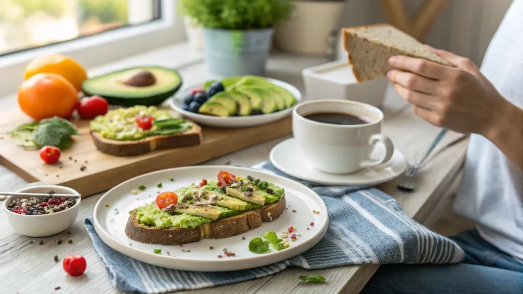 Person enjoying avocado toast on wheatberry bread with fresh fruit and coffee