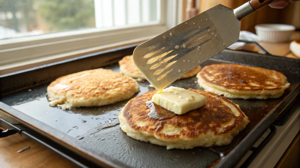 Fluffy flapjack being flipped on a griddle, showing golden edges and a light, airy texture, ready to serve