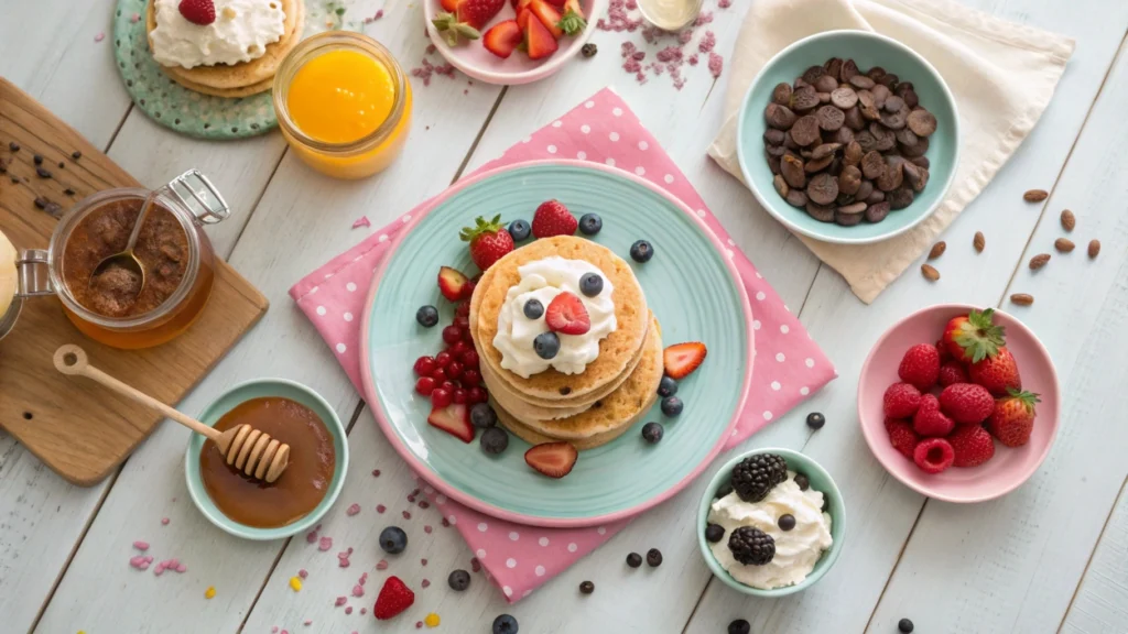 A breakfast spread with flapjacks and various toppings, including fruits, whipped cream, and honey