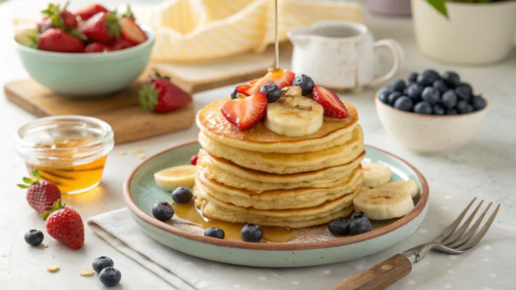 Stack of golden flapjacks with honey and fresh fruit on a bright kitchen counter