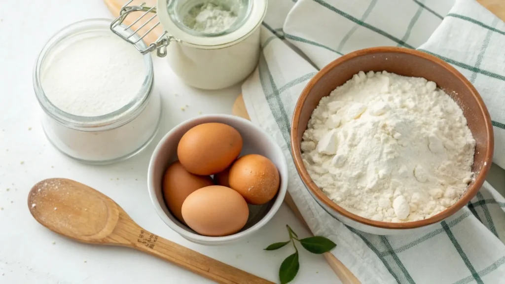 Close-up shot of pancake ingredients, including flour, eggs, and baking powder, arranged on a bright kitchen counter.