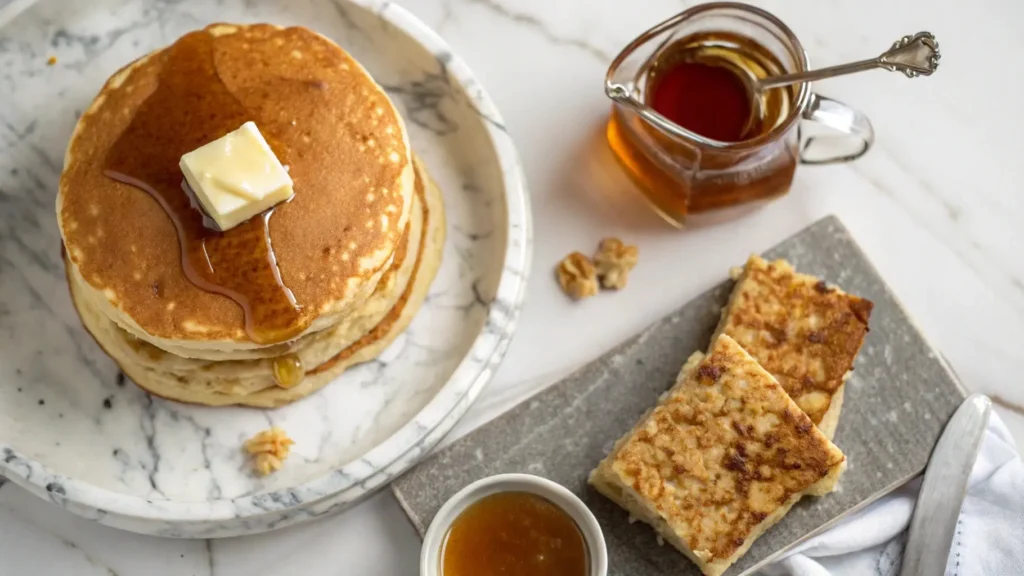 Side-by-side comparison of American pancakes and British flapjacks with syrup and butter on the side, highlighting texture differences.