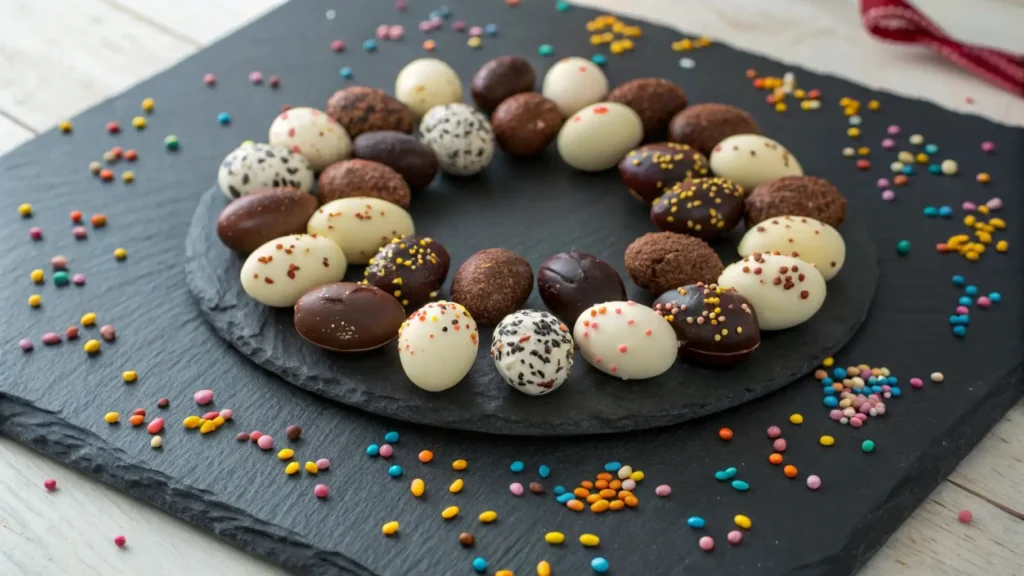 An assortment of chocolate-covered almonds with coatings of white chocolate, dark chocolate, and colorful sprinkles, arranged on a slate board.