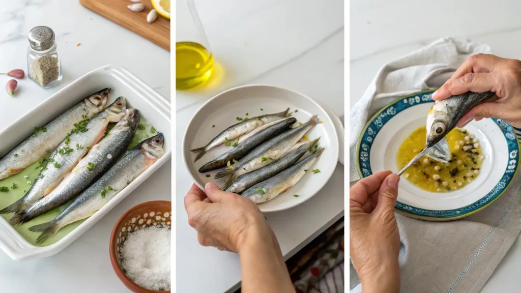 Step-by-step guide to preparing boquerones en vinagre, including cleaning, marinating, and serving the fish