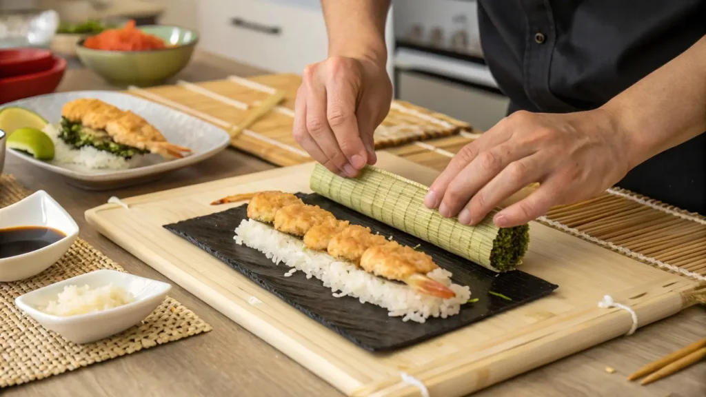 Action shot of someone rolling a tempura roll using a bamboo mat, featuring fried shrimp, sushi rice, and nori.