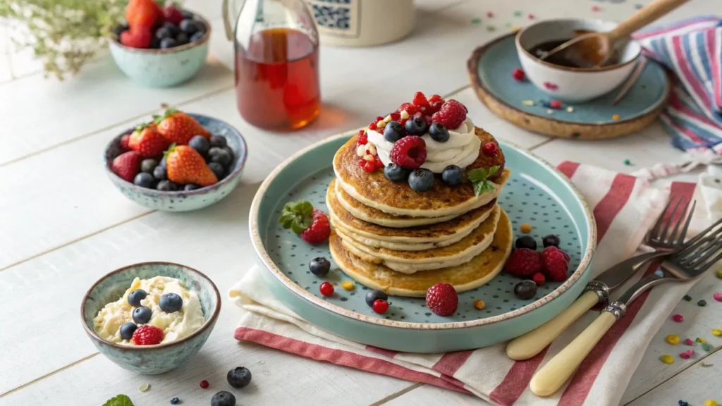 Colorful stack of British and American flapjacks with various toppings, including berries, whipped cream, and syrup.