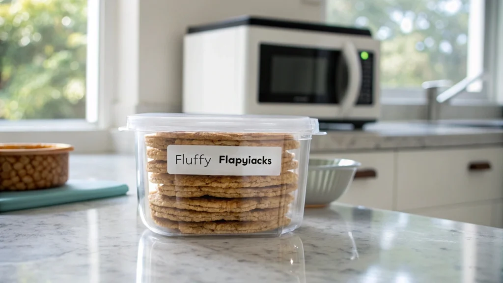 Fluffy flapjacks stored in an airtight container with a reheating guide