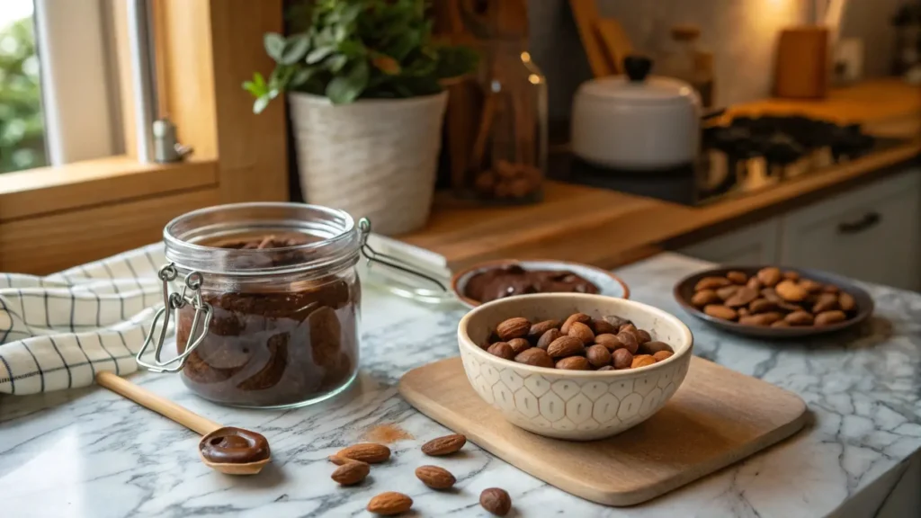 A jar of freshly made chocolate-covered almonds on a kitchen counter, surrounded by melted chocolate, roasted almonds, and a wooden spoon