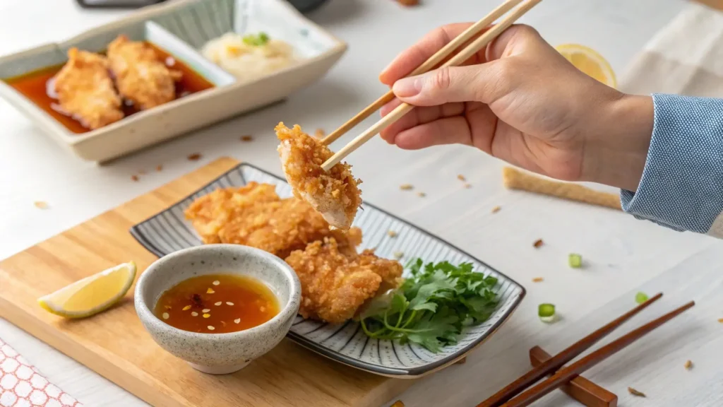 Person dipping tempura chicken into dipping sauce