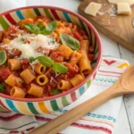 Bowl of ditalini pasta with tomato sauce and fresh basil