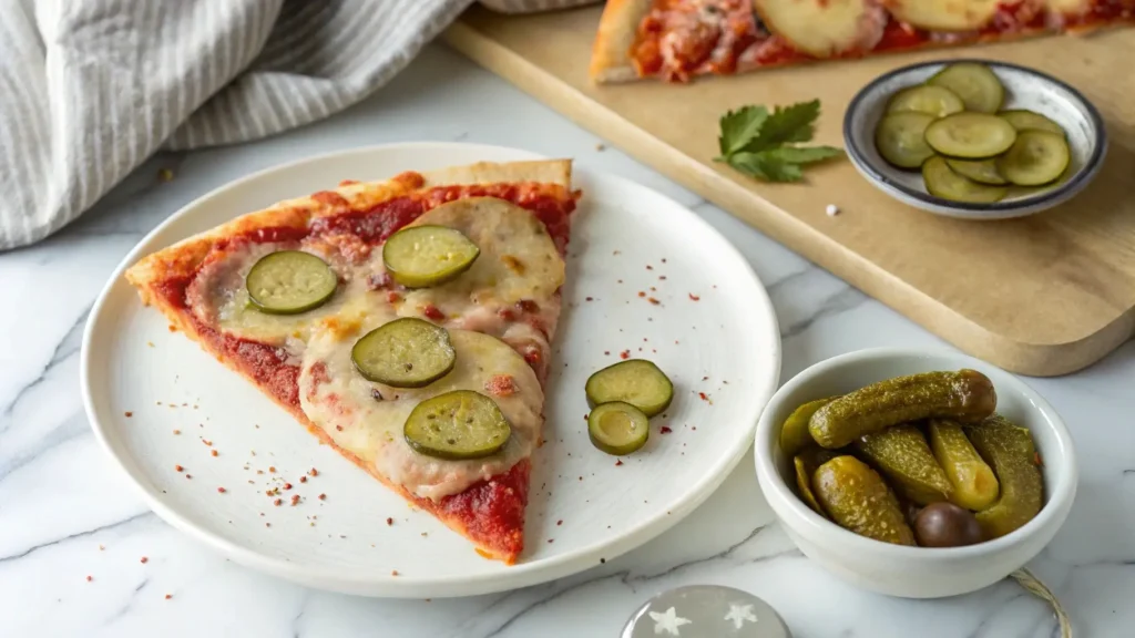 Plate of pizza with pickles, balanced with a bowl of pickles
