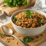 Freshly cooked wheatberries with parsley, a healthy and nutritious whole grain dish