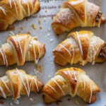 Six freshly baked croissants with icing drizzle on a parchment-lined baking sheet.