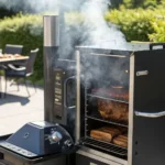 Pellet smoker in action with smoke rising and food being cooked outdoors.