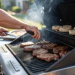 Close-up shot of a pellet grill with smoke rising, set outdoors on a sunny day, showcasing the grill's features and wood pellets.