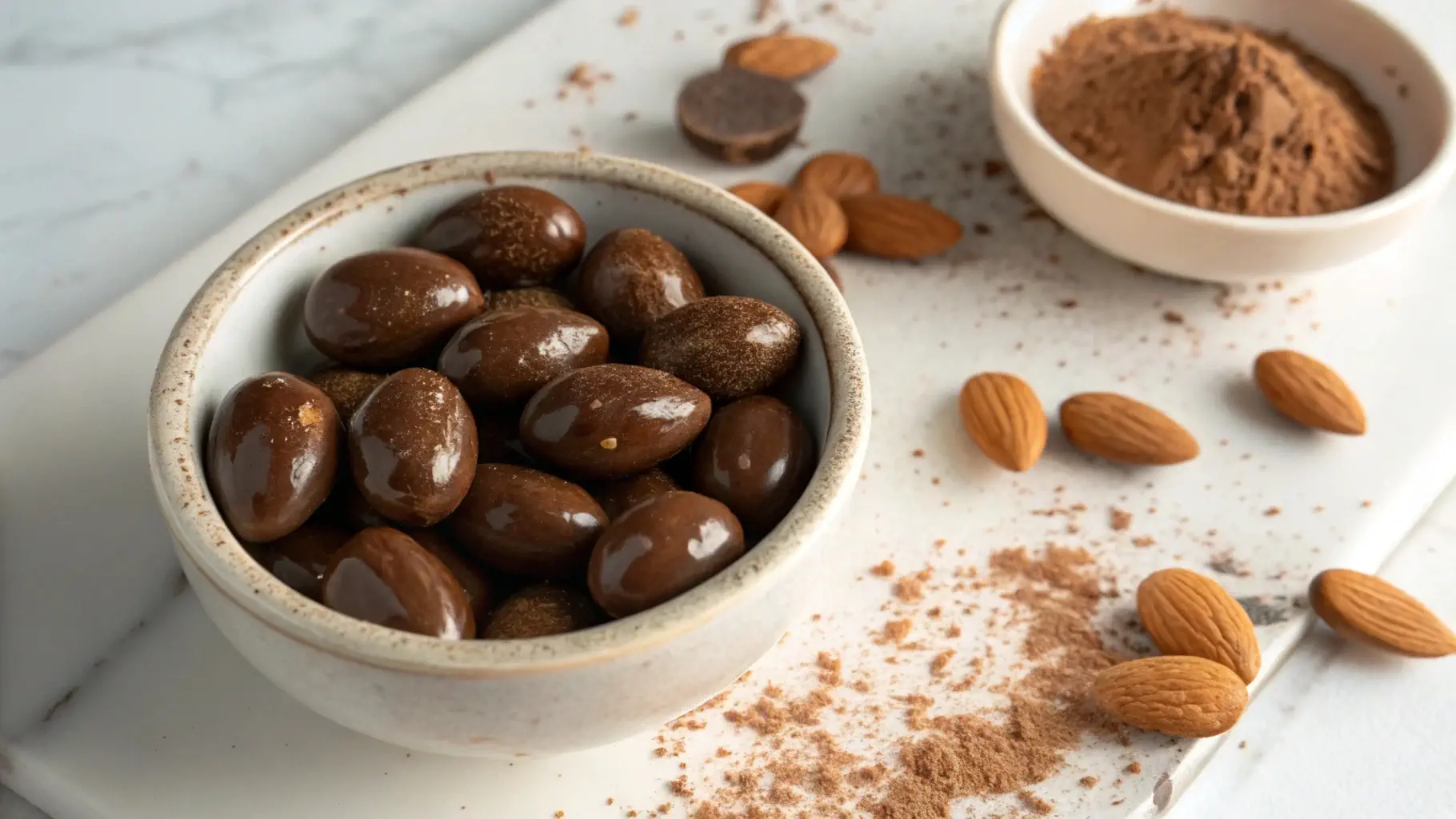 Close-up of shiny chocolate-covered almonds in a small bowl, with whole almonds and cocoa powder surrounding them.