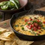 Smoked queso dip served in a cast iron skillet, topped with fresh herbs, tomatoes, and jalapeños, surrounded by tortilla chips