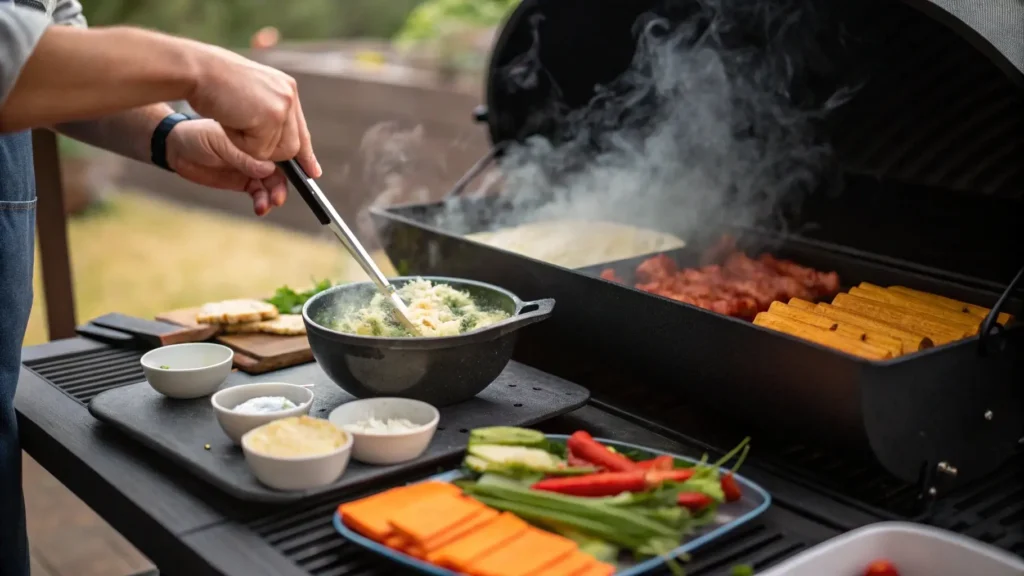 Chef preparing a savory dip for smoking, placing a bowl of dip into a smoker, with smoke rising in the background.