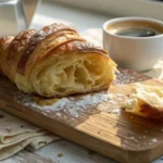 Freshly baked croissant on a wooden board with a soft coffee cup beside it, showing golden, flaky layers.