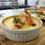 Close-up of Crab Brûlée with golden sugar crust, creamy filling, and fresh herbs.