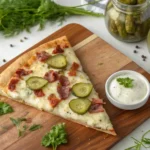 Delicious close-up shot of a tangy pickle pizza with gooey cheese and crispy bacon, surrounded by fresh herbs and pickles