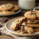 Plate of freshly baked crookies with a golden-brown exterior and melted chocolate chips.