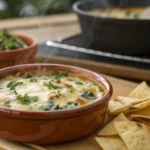 A close-up of a smoky, savory dip like smoked queso, garnished with herbs and served in a rustic bowl, showcasing its golden, melted cheese texture.