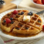 Golden-brown waffle topped with syrup, butter, and fresh berries on a white plate with a fork beside it