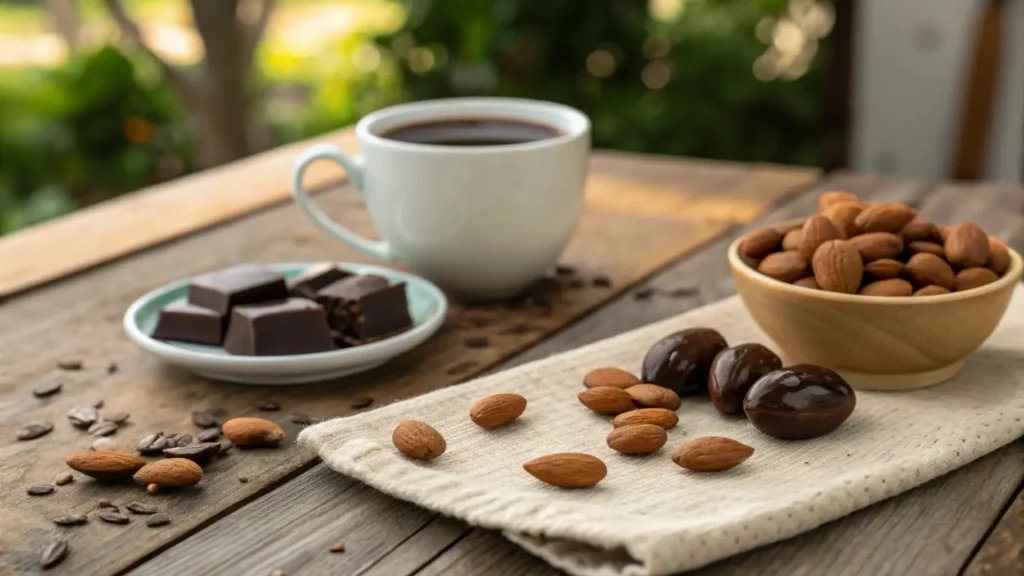 Chocolate-covered almonds placed on a rustic wooden table with raw almonds and dark chocolate chunks in the background