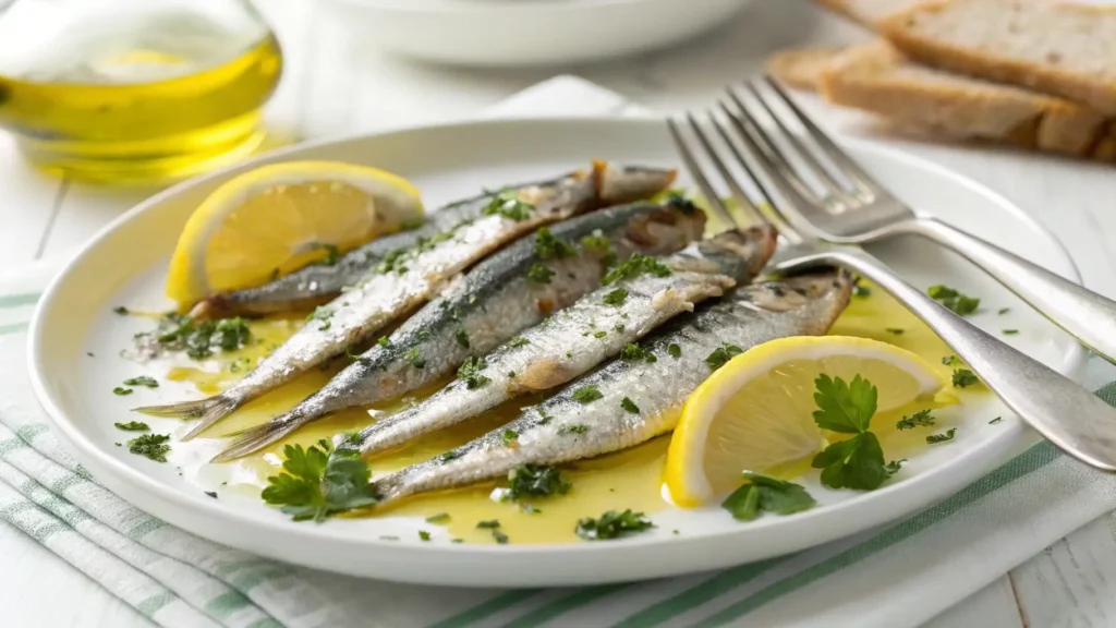 Close-up of boquerones (marinated anchovies) drizzled with olive oil and garnished with parsley and lemon, a classic Spanish tapa