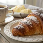 Golden brown croissant on a delicate porcelain plate with a cup of coffee beside it