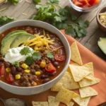 Delicious taco soup in a bowl topped with cheese, avocado, and tortilla chips on a wooden table