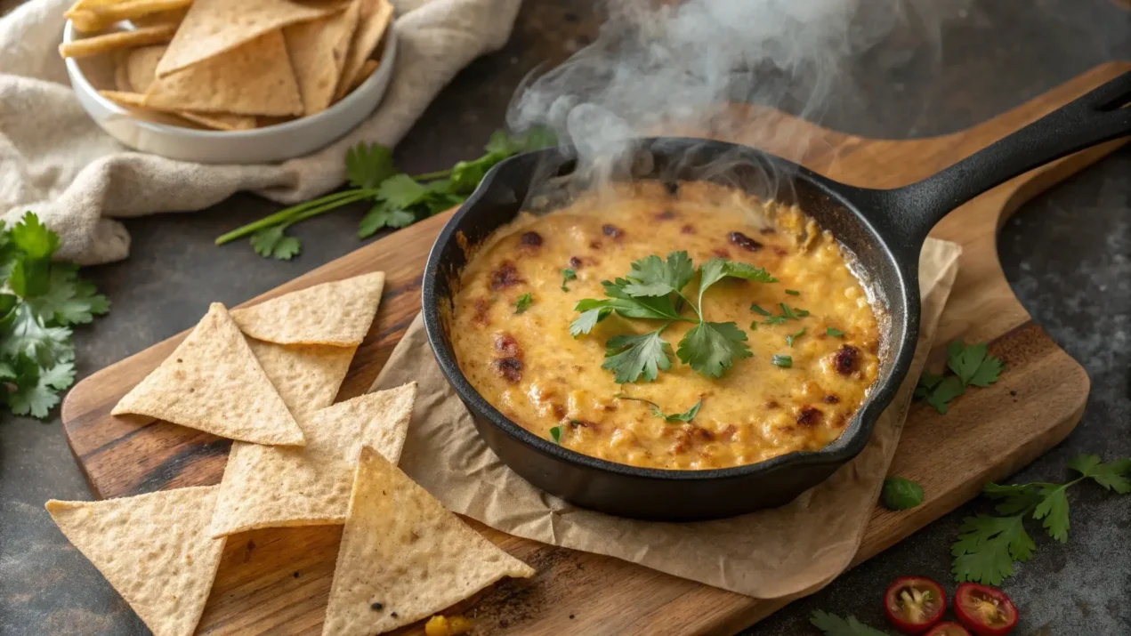 A close-up of smoked queso dip served in a cast iron skillet with cilantro and tortilla chips on the side.