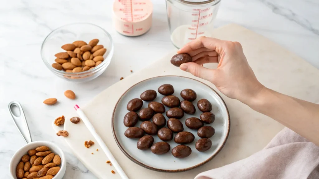 Portion-controlled serving of chocolate-covered almonds on a small plate, with a hand reaching for one, emphasizing mindful snacking.