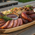 A variety of smoked meats including brisket, ribs, and chicken wings on a pellet smoker, captured with warm tones in an outdoor setting.