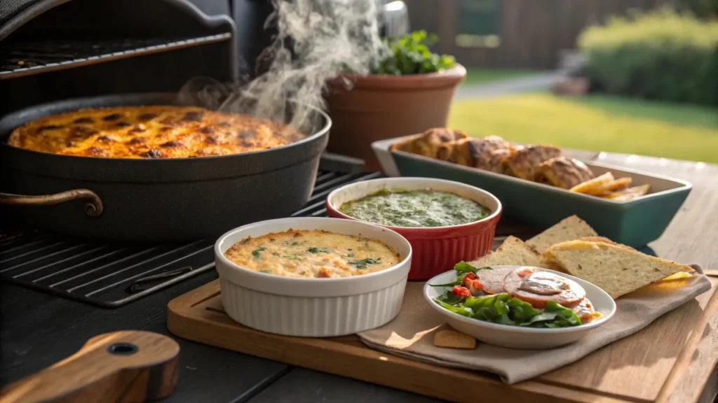 A variety of smoked dips, such as queso, spinach dip, and crab dip, next to a smoker, with a timer indicating the ideal smoking time for each dip.
