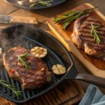 Sizzling chuck eye steak and ribeye steak on a cast-iron skillet with rosemary and garlic, perfect for meat lovers.