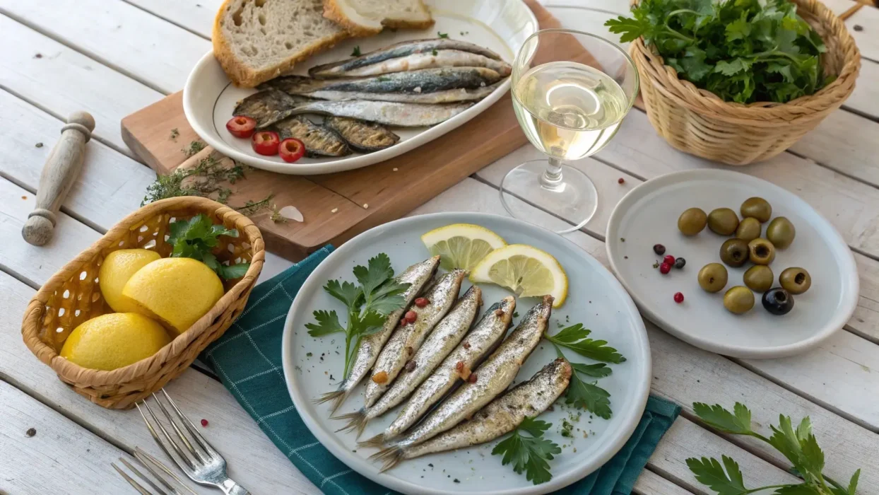 Mediterranean table setting featuring boquerones and anchovies, garnished with lemon, parsley, and olives, perfect for seafood lovers.